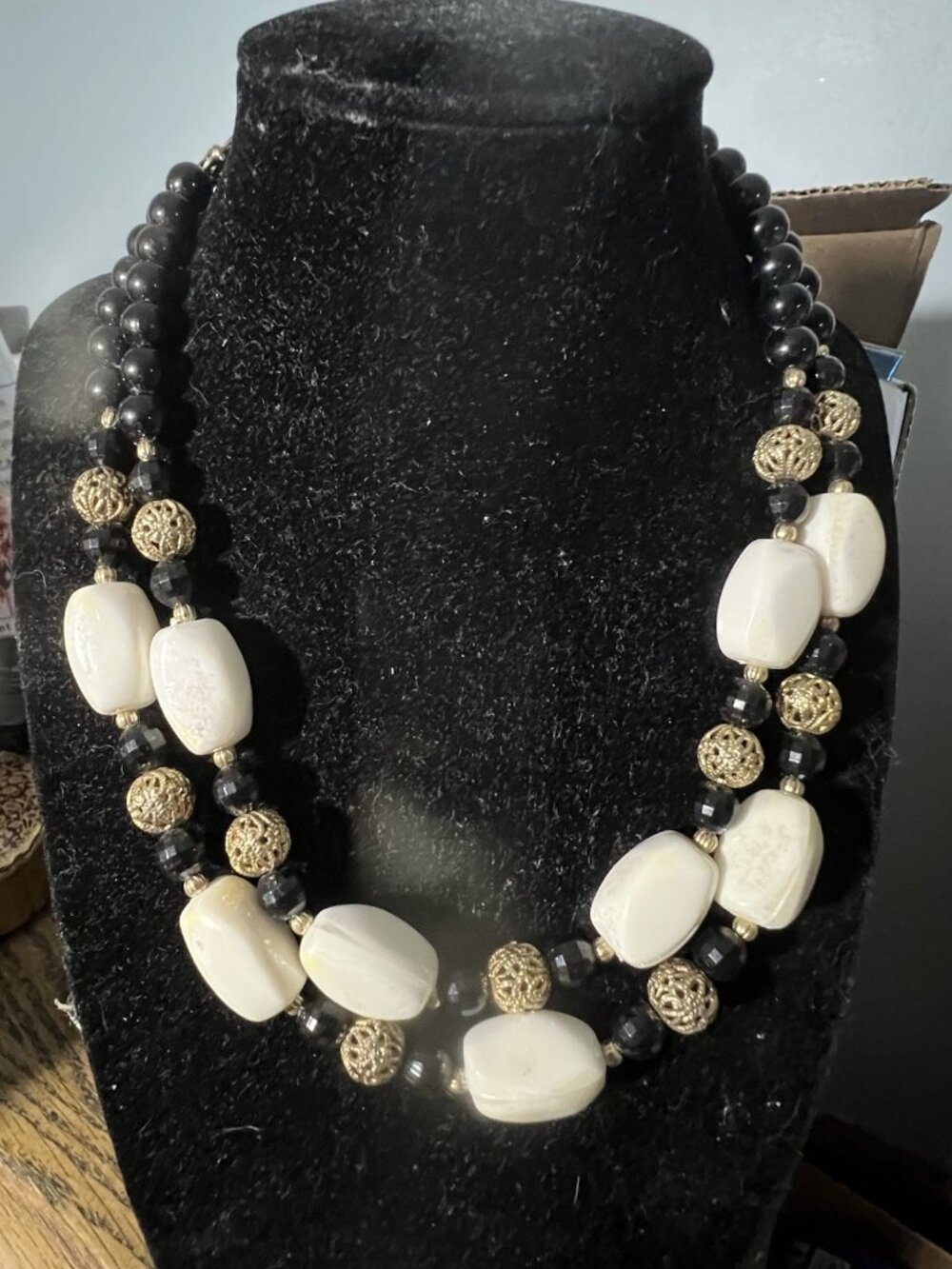 1950 J Hook Coro 2 Strand Chocker Black Cream & Gold RARE 18" W Extension EUC